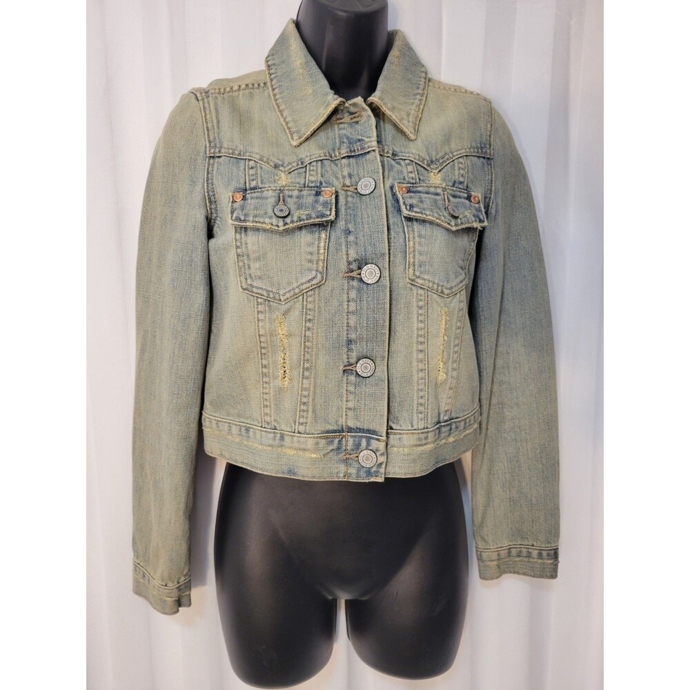 Old Navy Jean Jacket Womens Large Blue Denim Beaded Back Distressed Oversized Xs